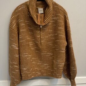 Varley Tan Cowl Neck zip Sweater